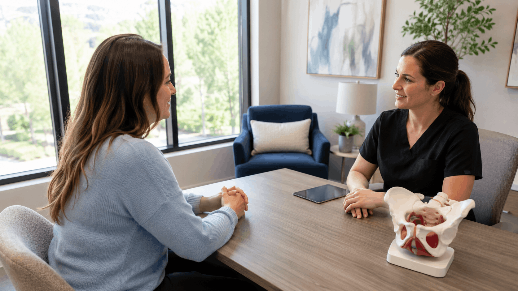 patient and provider seated across from each other discussing aesthetic treatment goals in a consultation room.