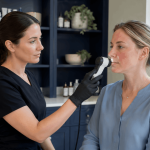 provider performs a skin analysis examination on a patient using a handheld diagnostic device.
