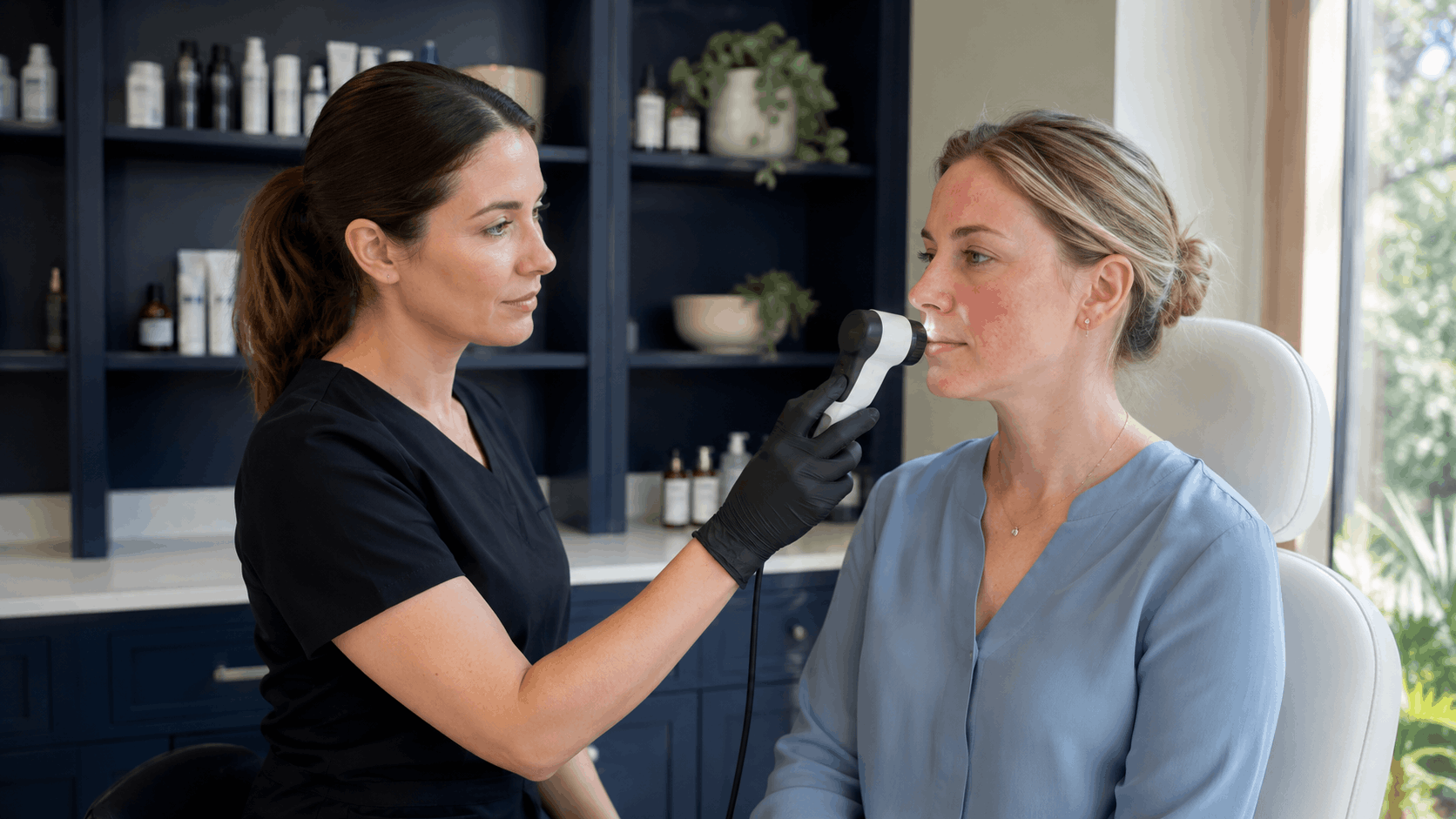2026_07_mirabilemd.com_img_skin_analysis_device_exam_v1 mirabile md - provider performs a skin analysis examination on a patient using a handheld diagnostic device.