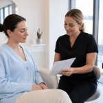 2026_07_mirabilemd.com_img_treatment_plan_review_v1 mirabile md - provider reviews treatment paperwork with a patient seated in a modern medical aesthetics clinic.