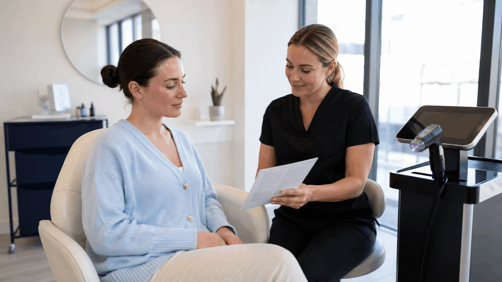 2026_07_mirabilemd.com_img_treatment_plan_review_v1 mirabile md - provider reviews treatment paperwork with a patient seated in a modern medical aesthetics clinic.