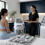 2026_07_mirabilemd.com_img_body_contouring_consultation_v1 mirabile md - provider explains body contouring technology and treatment devices to a patient in a treatment room.