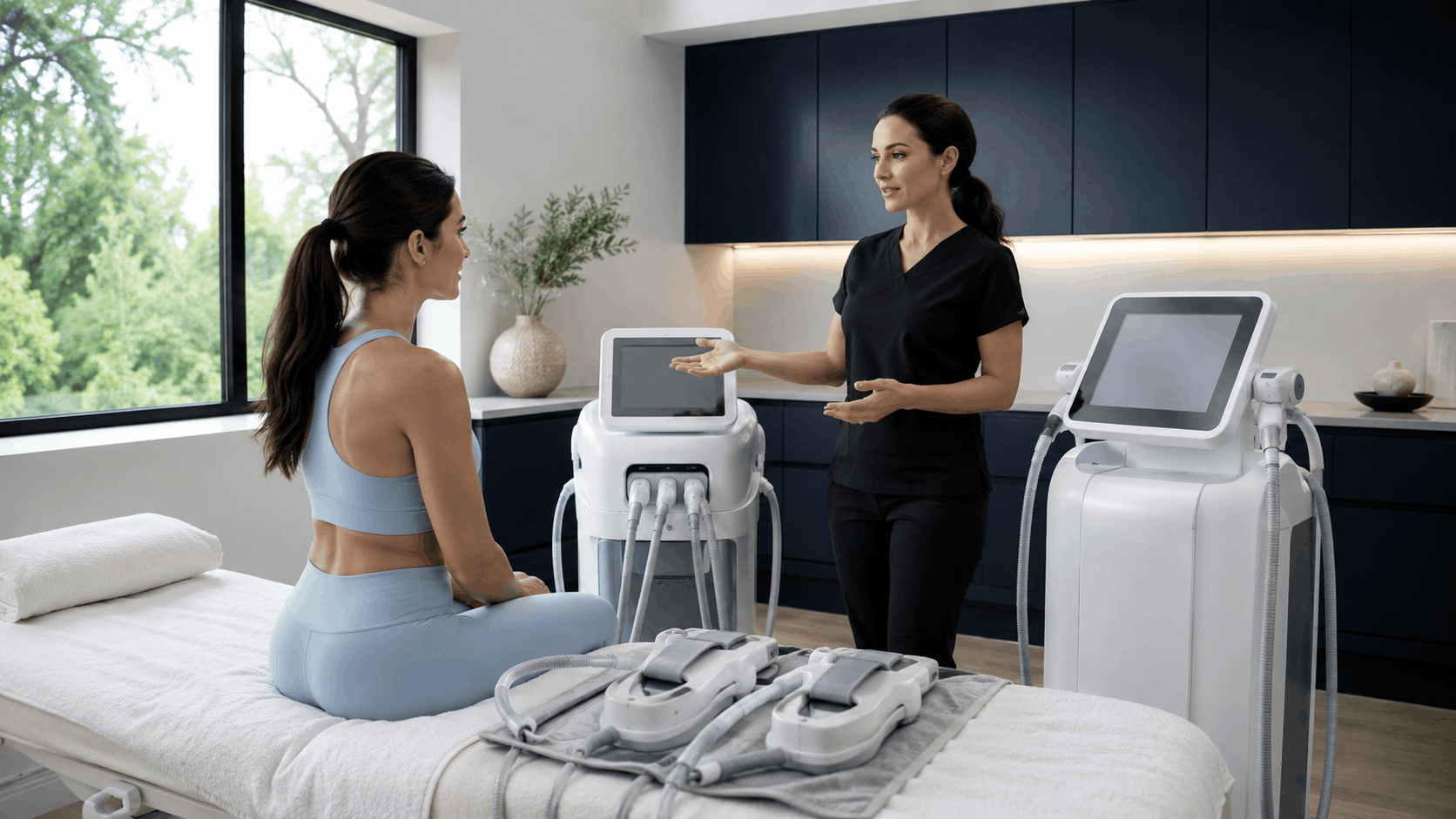 2026_07_mirabilemd.com_img_body_contouring_consultation_v1 mirabile md - provider explains body contouring technology and treatment devices to a patient in a treatment room.