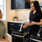 2026 08 mirabilemdcom img consultation device overview v1 mirabile md - provider explaining aesthetic treatment devices during a patient consultation in a modern medical spa.