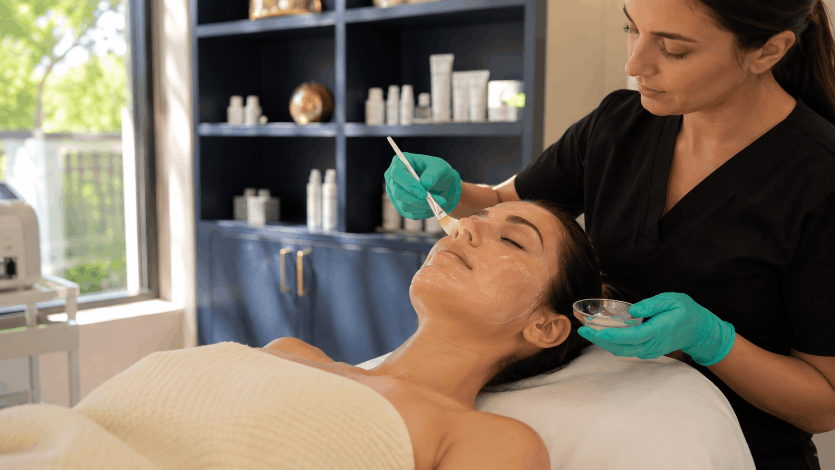 provider applying a customized facial mask during a relaxing skincare treatment.