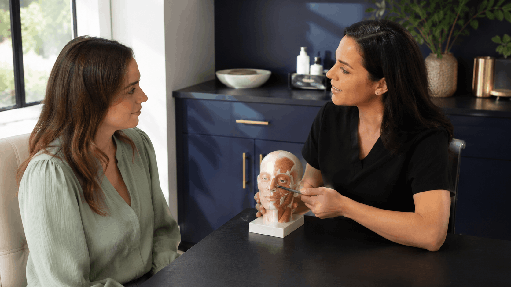 provider using a facial anatomy model to explain treatment areas during a patient consultation.