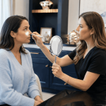 provider evaluating a patient's facial features with a handheld mirror during an aesthetic consultation.