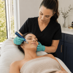 2026 08 mirabilemdcom img hydrafacial treatment v1 mirabile md - provider performing a hydrafacial treatment on a patient in a comfortable treatment room.