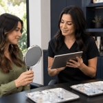 provider reviewing injectable treatment options with a patient using a tablet and handheld mirror.