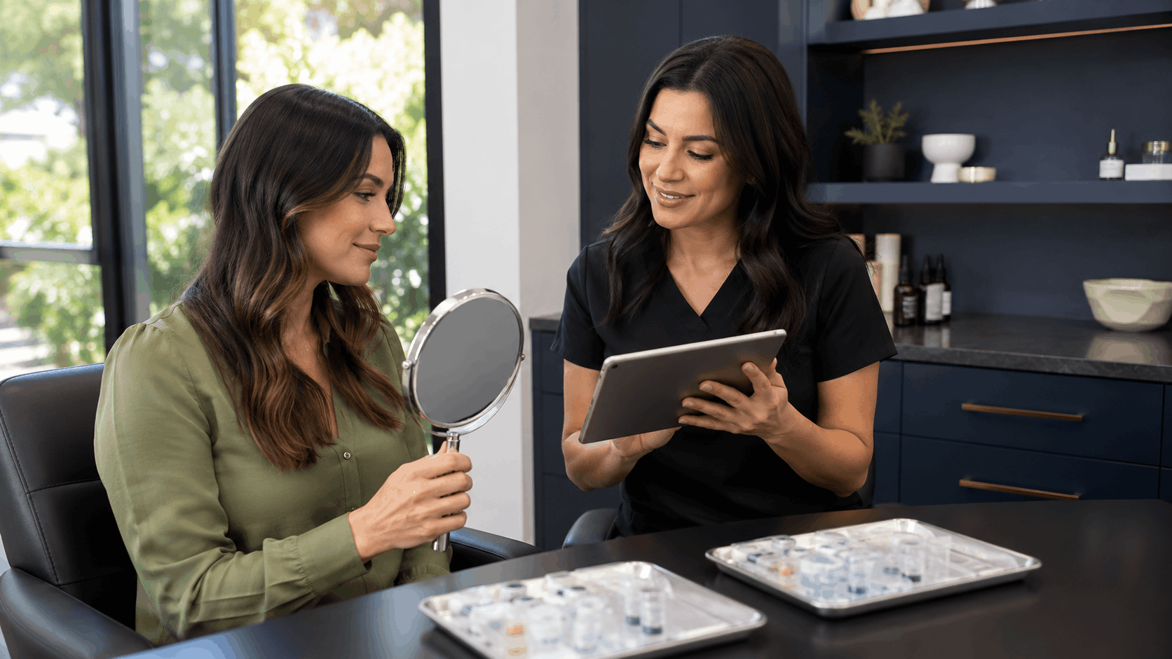 provider reviewing injectable treatment options with a patient using a tablet and handheld mirror.