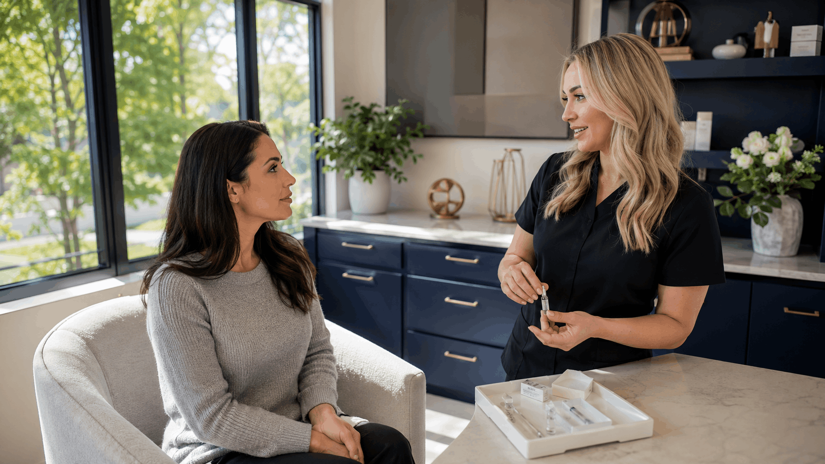 provider discussing injectable treatment options while holding a syringe during a consultation.