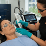 2026 08 mirabilemdcom img laser skin resurfacing v1 mirabile md - provider performing laser skin resurfacing on a patient's face while both wear protective eyewear.