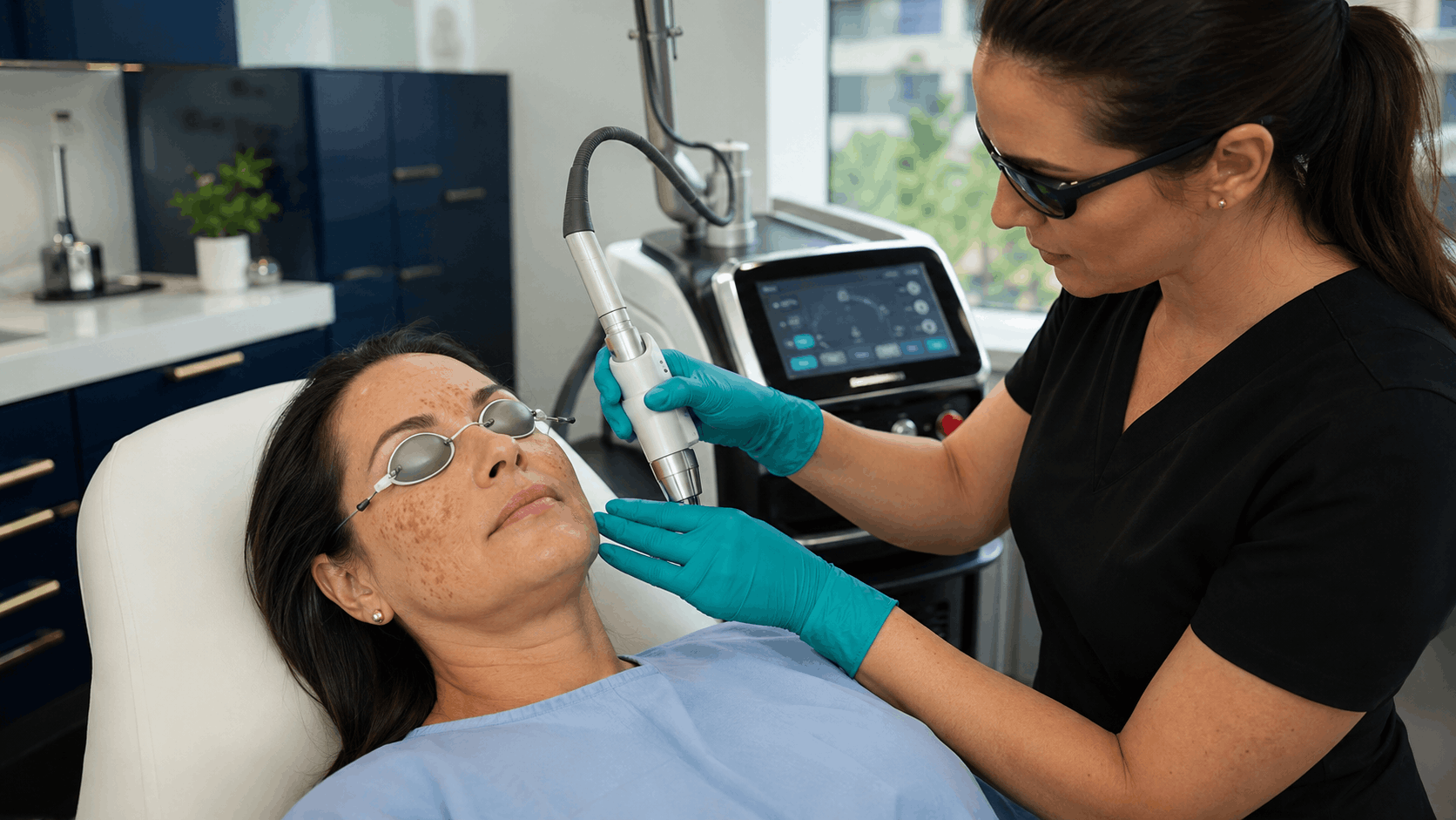 2026 08 mirabilemdcom img laser skin resurfacing v1 mirabile md - provider performing laser skin resurfacing on a patient's face while both wear protective eyewear.
