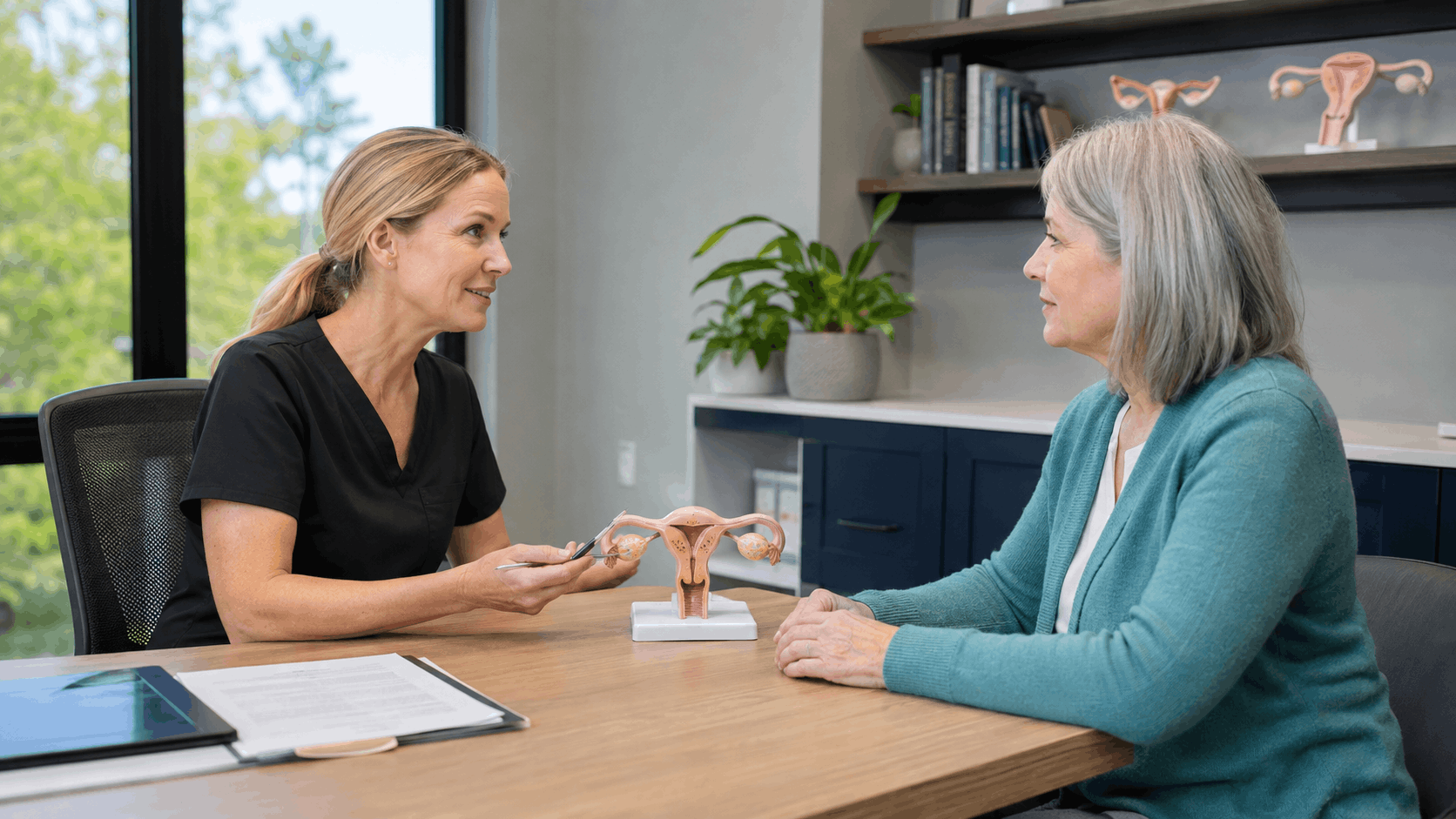 provider discussing female reproductive health with a patient using a uterus model.