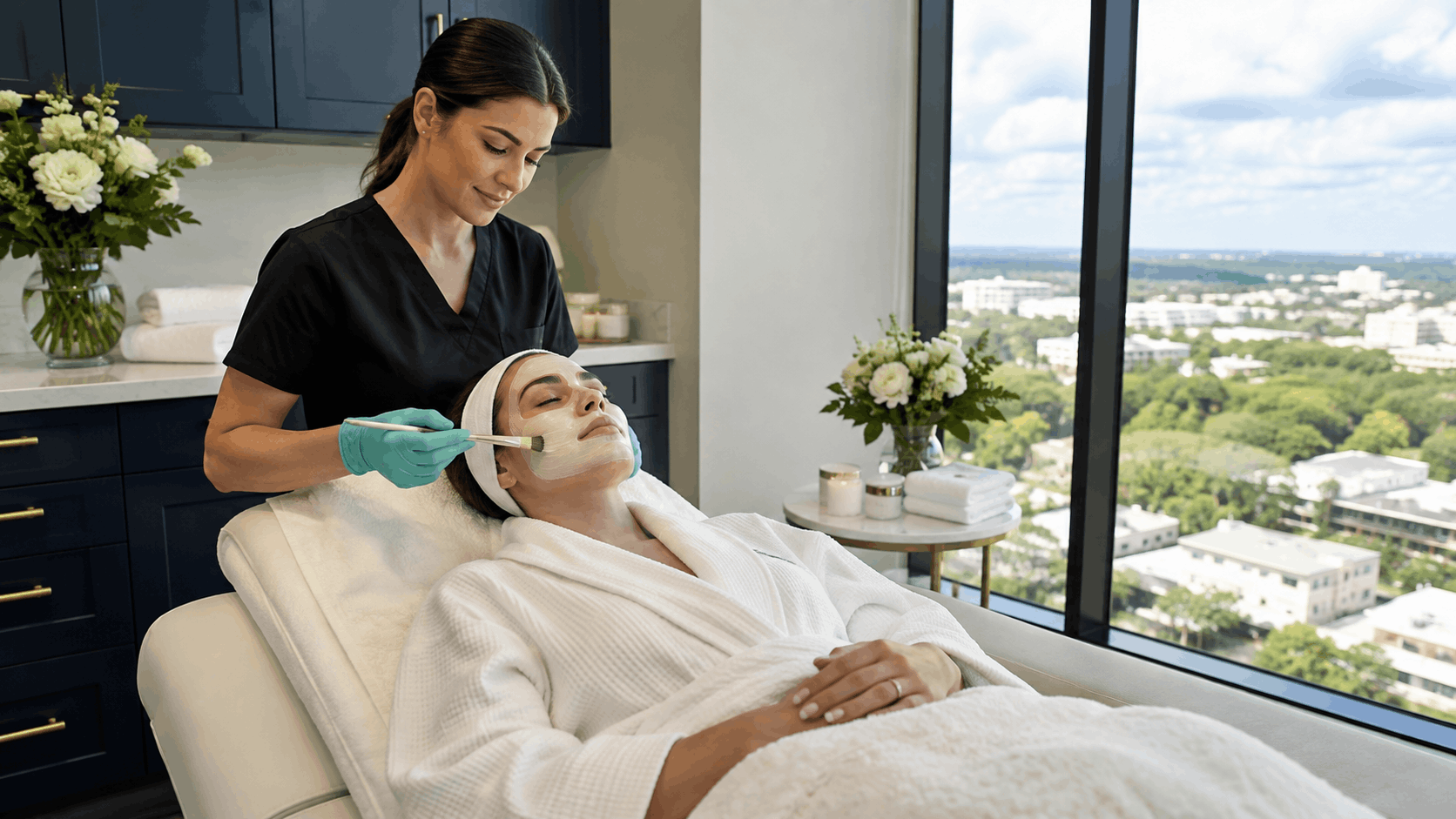 provider applying a facial skincare treatment to a patient relaxing in a treatment chair.