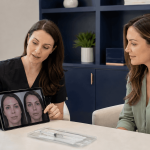 provider reviewing facial treatment results with a patient during an aesthetic consultation.