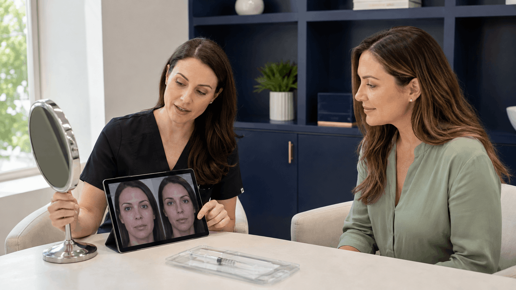 provider reviewing facial treatment results with a patient during an aesthetic consultation.