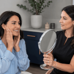 2026_09_mirabilemd.com_img_facial_results_review_v1.png mirabile md - patient examining her face in a mirror with an aesthetic provider.