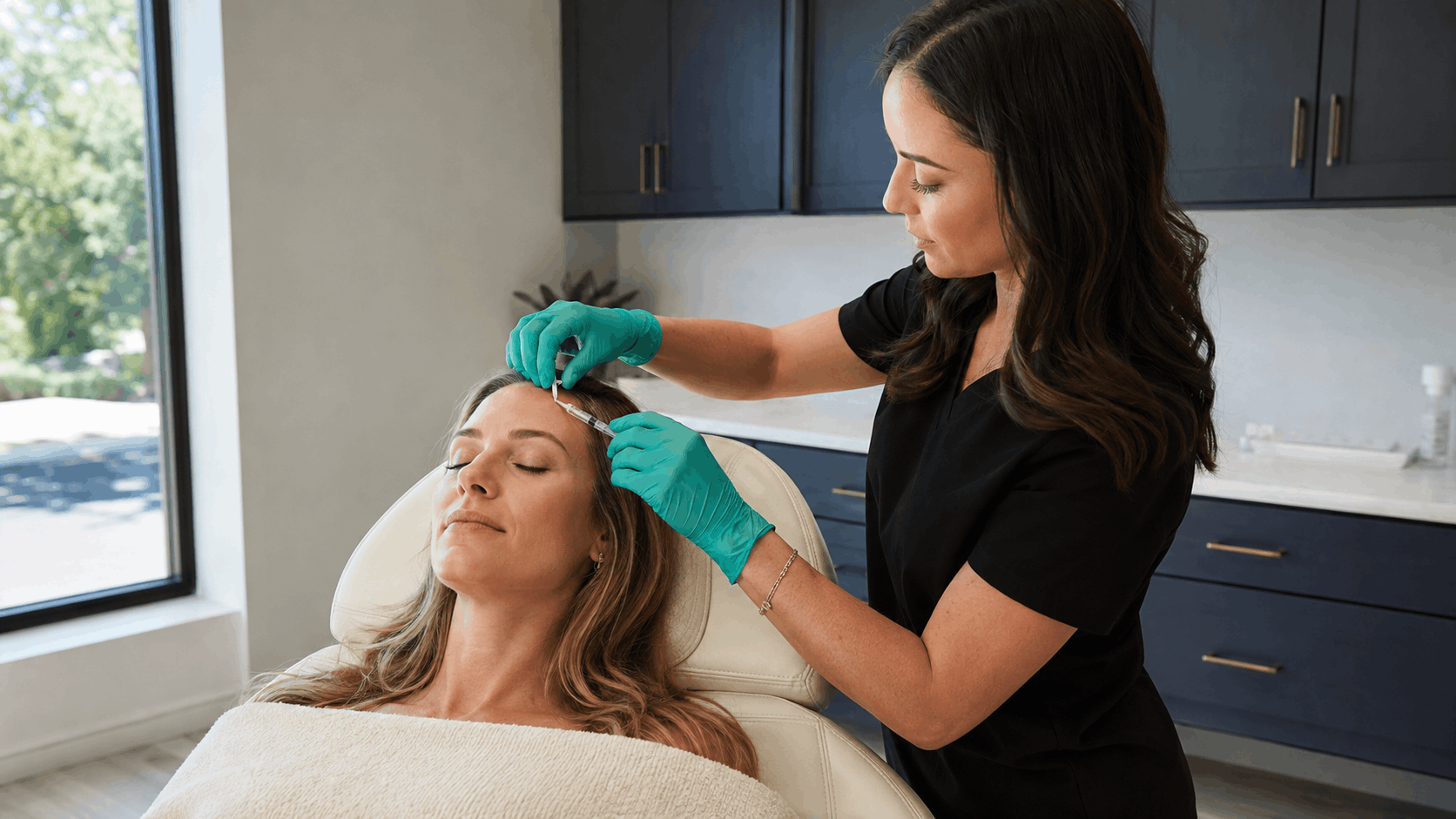 medical provider performing an injection treatment on a patient’s forehead.