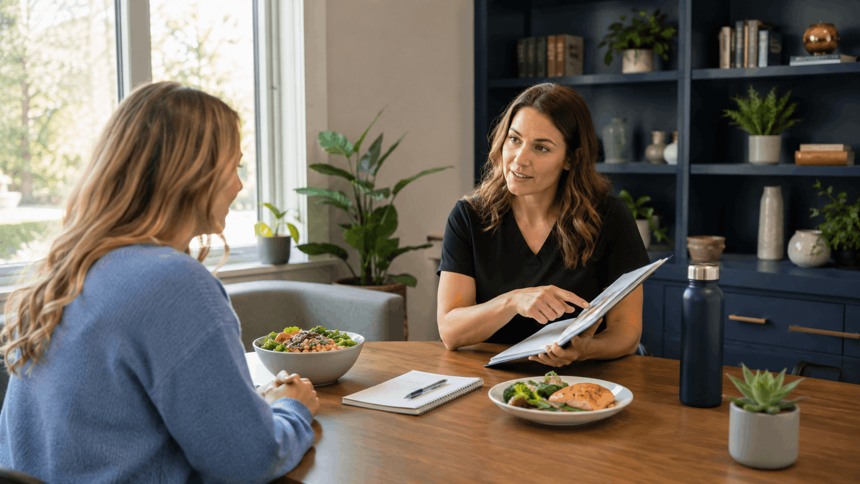 provider discussing a nutrition plan with a patient over a healthy meal.
