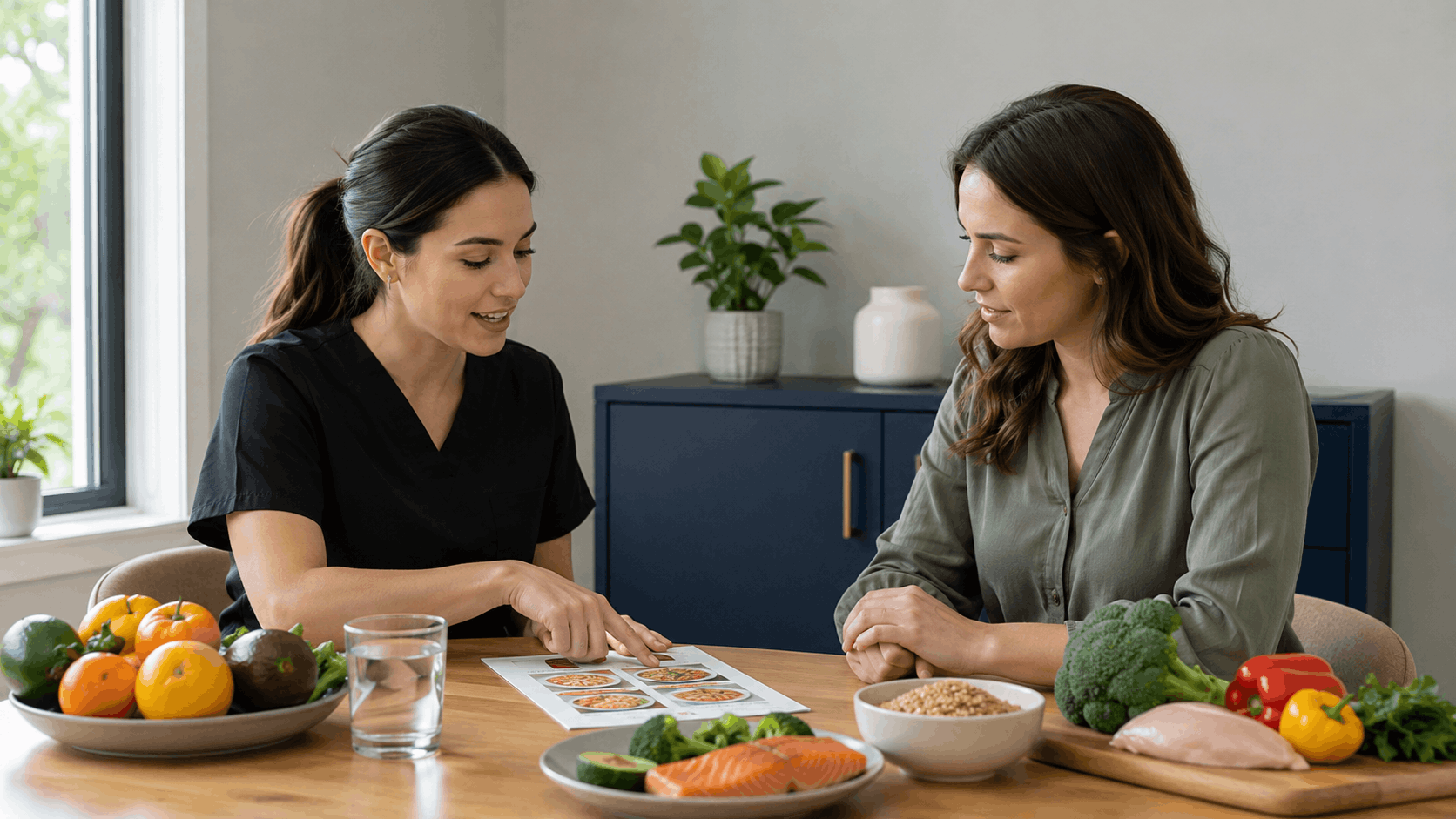 provider reviewing healthy food choices with a patient during a nutrition consultation.