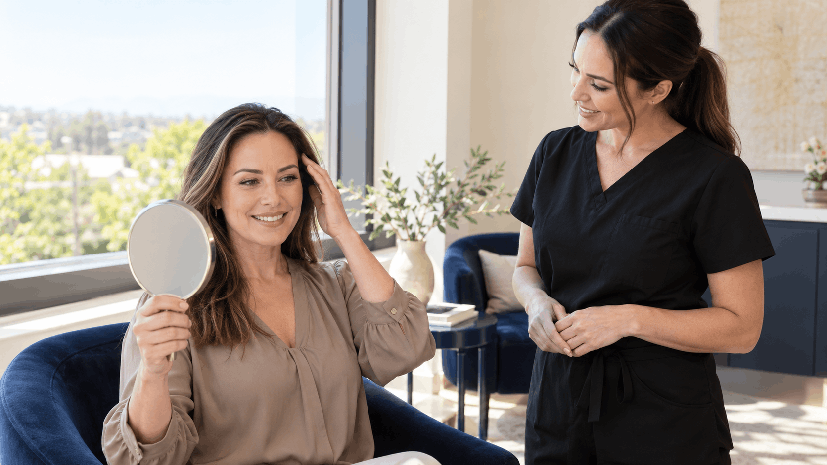 2026_10_mirabilemd.com_img_facial_treatment_results_v1 mirabile md - woman checking facial treatment results in a mirror with her provider