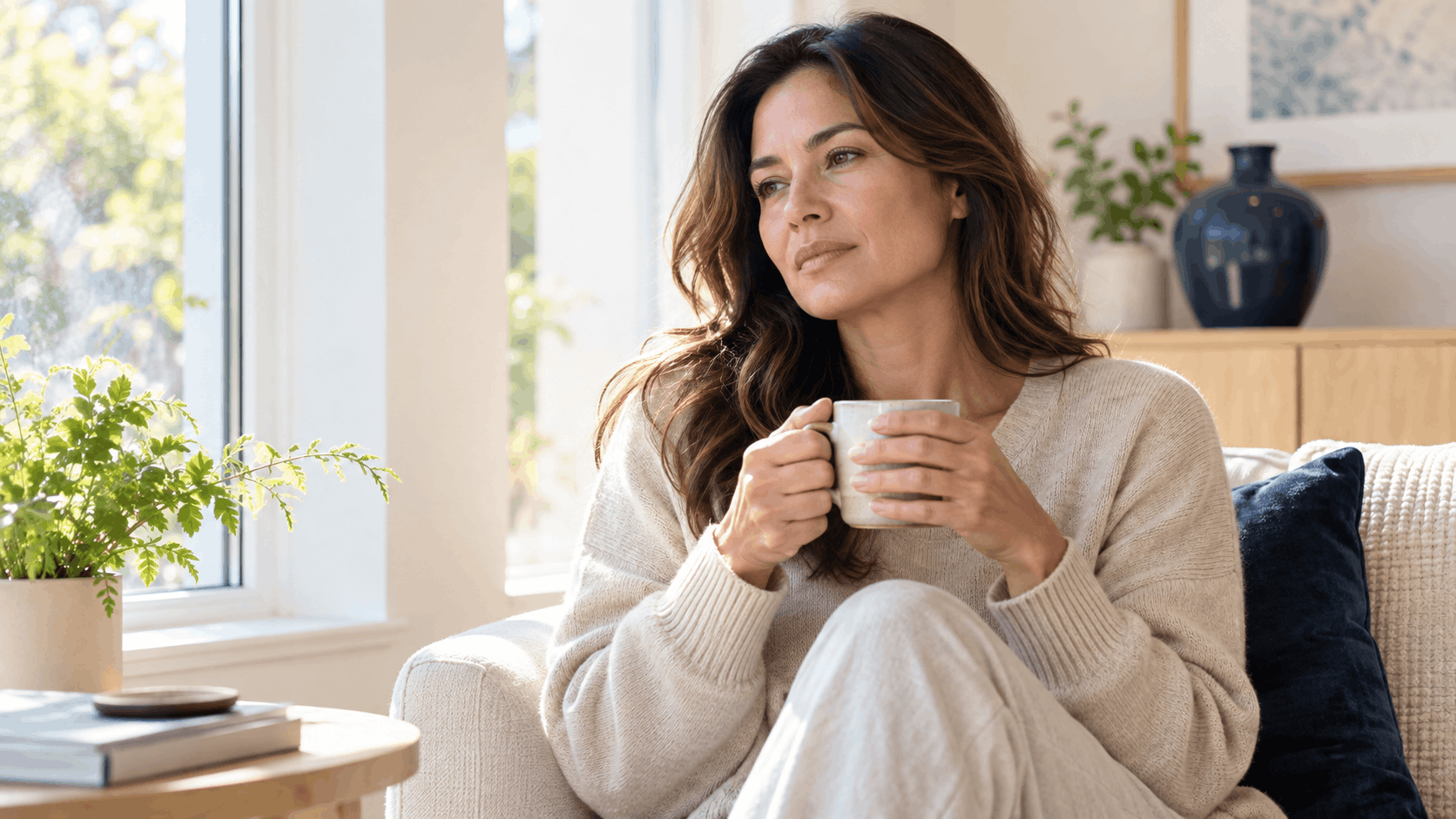 2026_10_mirabilemd.com_img_wellness_at_home_v1 mirabile md - woman relaxing at home while holding a warm drink