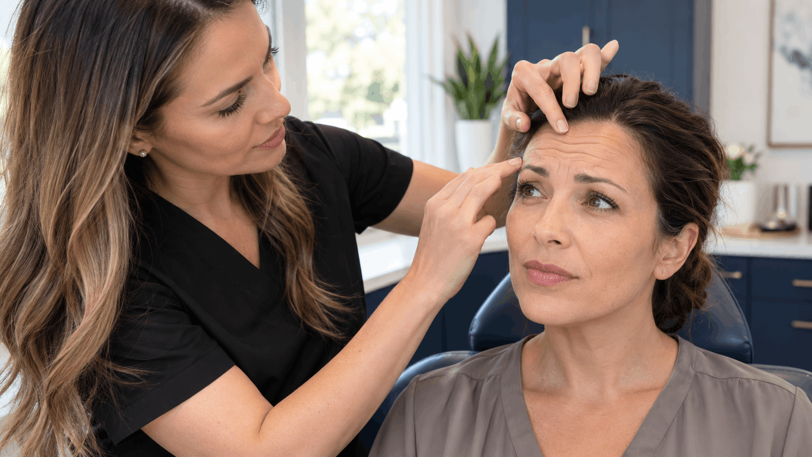 aesthetic provider examining expression lines on a woman's forehead
