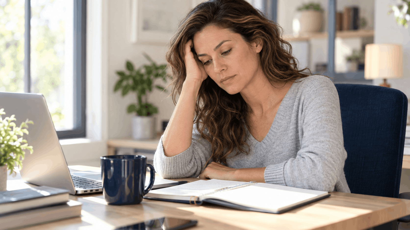 tired woman sitting at a desk with her head resting on her hand