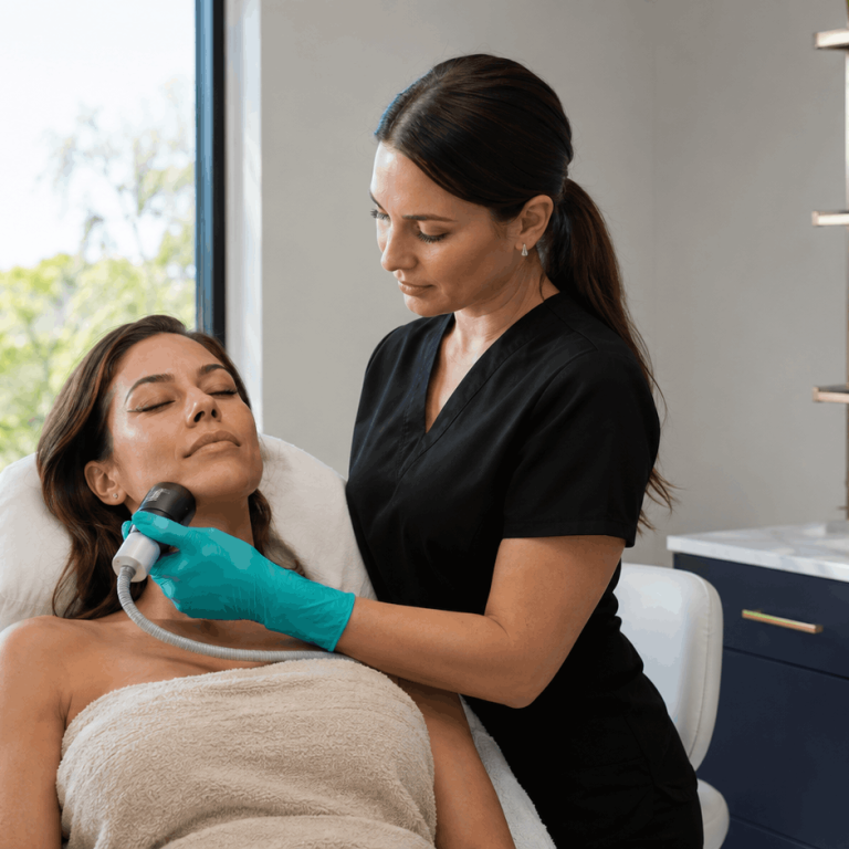 Provider performing a neck skin treatment on a patient in a medical aesthetics office.