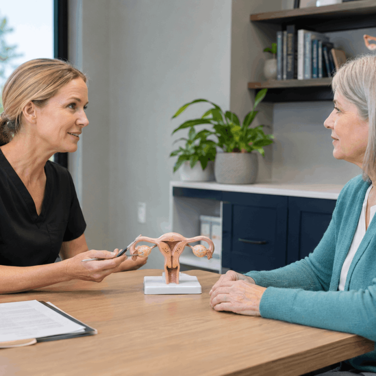 Provider discussing female reproductive health with a patient using a uterus model.