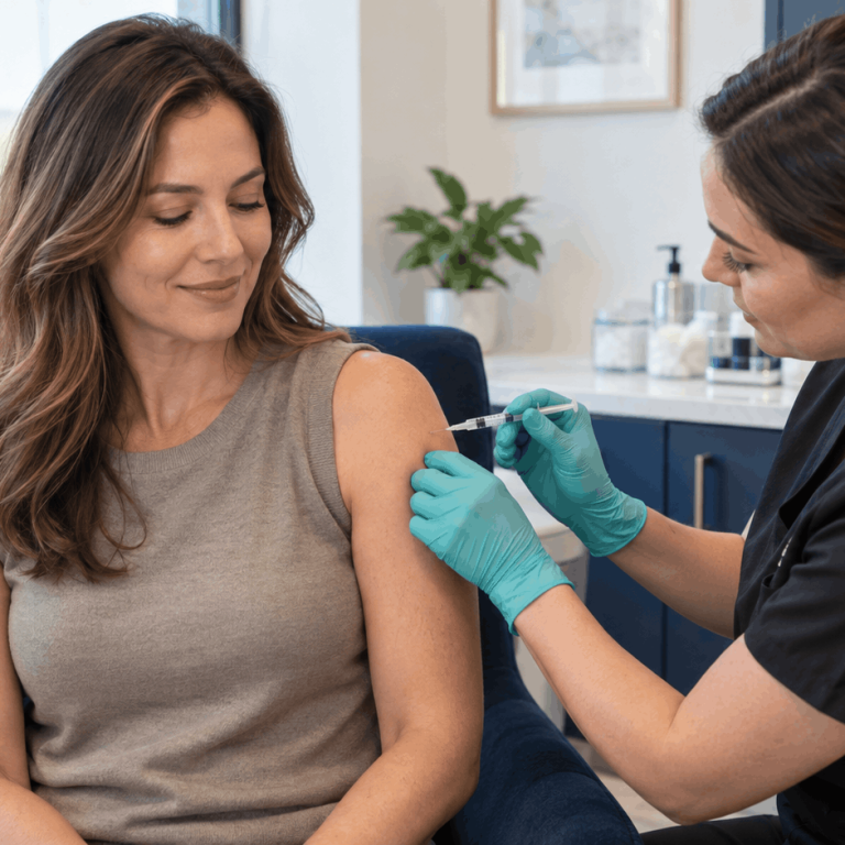 Medical provider administering an injection into a woman's upper arm