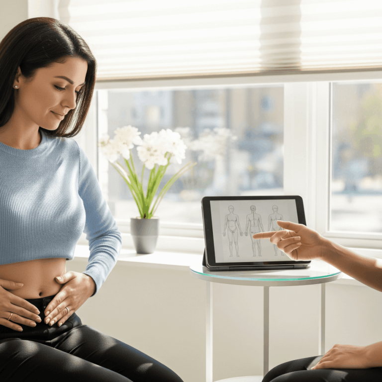 Medical provider discussing body contouring concerns with a patient during consultation