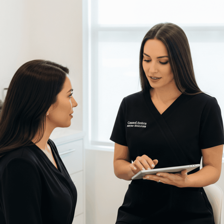 Provider reviewing personalized aesthetic treatment plan on a tablet with patient