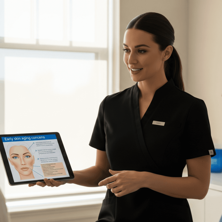 Aesthetic provider discussing early skin aging concerns using a digital tablet