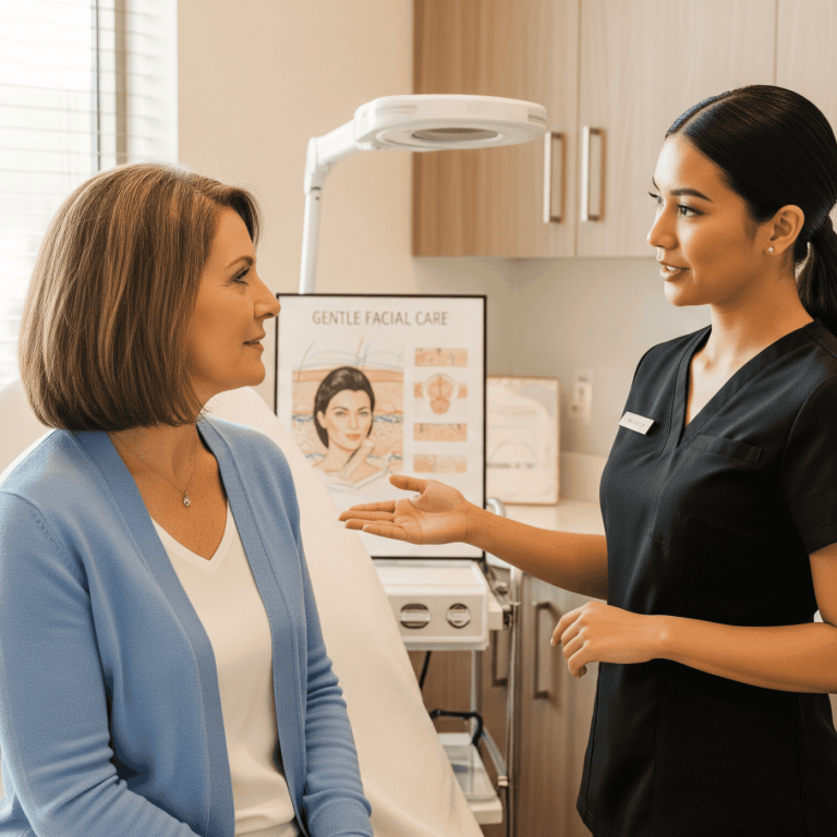 Aesthetic provider discussing gentle facial care options with patient in treatment room