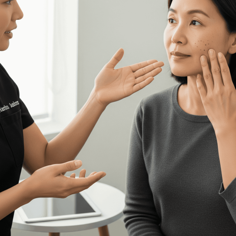 Provider assessing facial skin concerns with patient during cosmetic consultation
