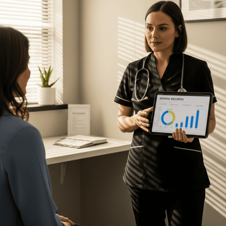 Medical provider presenting general wellness data and progress charts to patient
