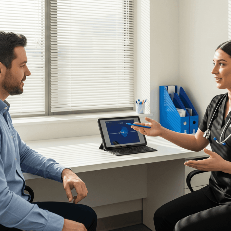Medical provider discussing wellness and treatment options with male patient in office