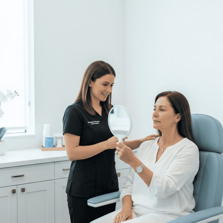 Patient reviewing facial aesthetic results in a handheld mirror during medical consultation
