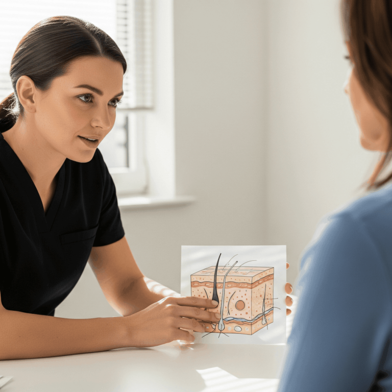 Medical provider explaining skin anatomy and treatment layers using an illustrated diagram