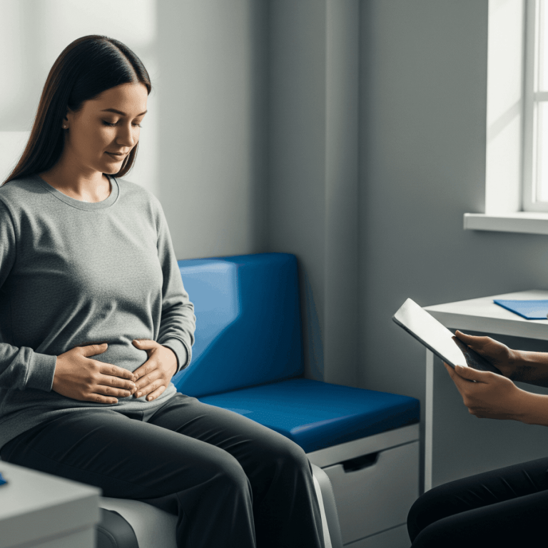 Female patient holding her abdomen while speaking with a medical provider during a primary care consultation.