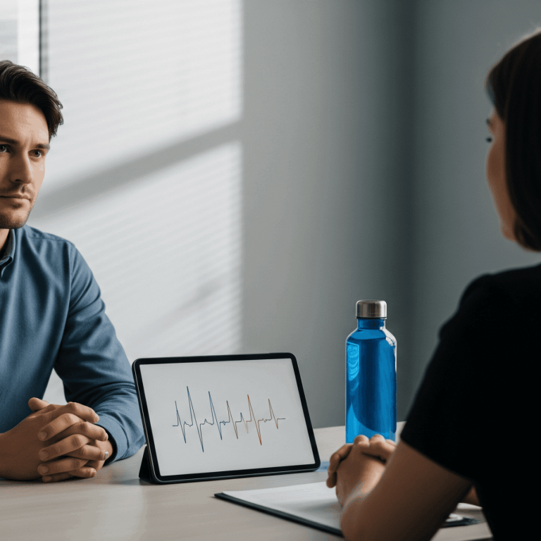 Male patient reviewing heart rate results displayed on a tablet during a medical consultation.