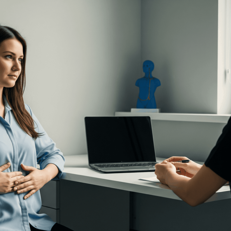 Female patient holding her abdomen while consulting with a healthcare provider in a primary care setting.