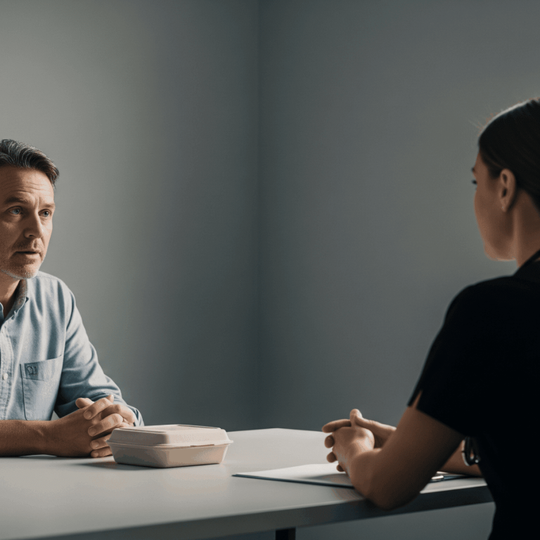 Male patient discussing health concerns with a physician during an internal medicine office visit.