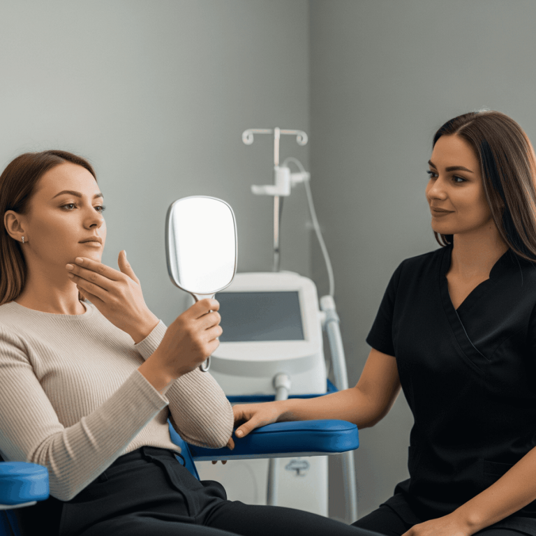 Female patient examining her chin in a handheld mirror while a medical provider observes during a cosmetic follow-up visit.