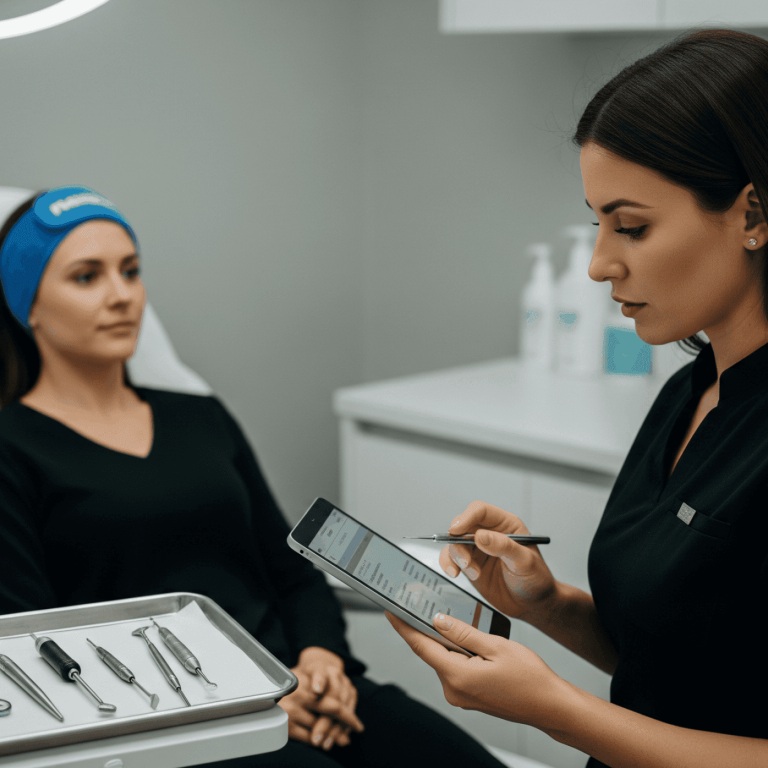 Medical provider reviewing a digital checklist while a patient sits in an exam chair with medical instruments prepared nearby.