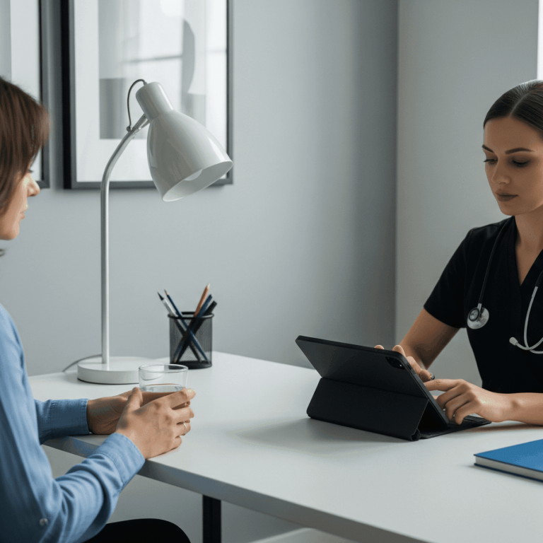 Primary care provider reviewing patient information on a tablet during an in-office medical consultation.