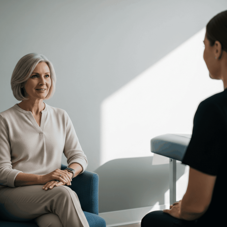 Older female patient speaking with a healthcare provider during a routine wellness visit in a medical office.