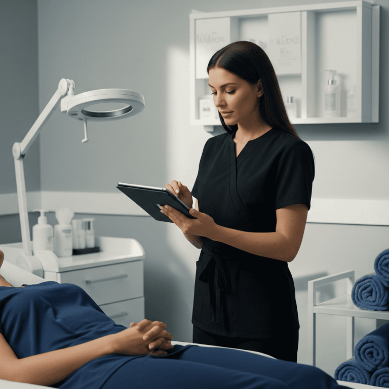 Medical provider reviewing patient information on a tablet while a patient lies comfortably on an exam table.